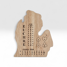 Load image into Gallery viewer, Wooden euchre score board with scoring system on a white background