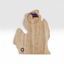 Load image into Gallery viewer, Wooden Michigan shaped Euchre board back side showing built in peg storage on white background.