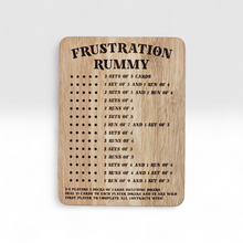 Load image into Gallery viewer, Wooden board game instructions for 'Frustration Rummy' on a white background