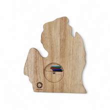 Load image into Gallery viewer, Wooden gameboard like the state of Michigan with peg storage on white background.