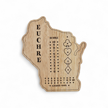 Load image into Gallery viewer, Wooden Euchre score board shaped like the state of Wisconsin on a white background