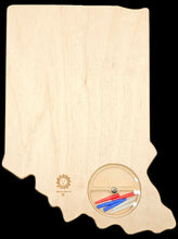 Load image into Gallery viewer, Indiana state shaped Cribbage gameboard backside showing peg storage solution.