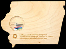 Load image into Gallery viewer, Iowa state shaped frustration rummy back showing peg storage solution.