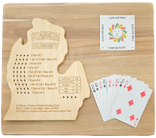 Load image into Gallery viewer, Michigan Lower peninsula Shanghai rummy game board with playing cards and Roarycraft logo.