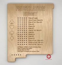 Load image into Gallery viewer, A wooden frustration rummy scorekeeping board cut in the shape of Minnesota.
