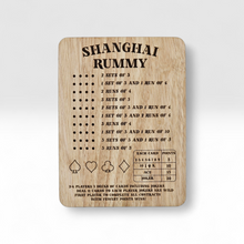 Load image into Gallery viewer, Wooden Shanghai Rummy game board with rules and card point values on a white background
