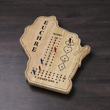 Load image into Gallery viewer, Wisconsin state shaped Wooden Euchre gameboard on dark brown wood background.
